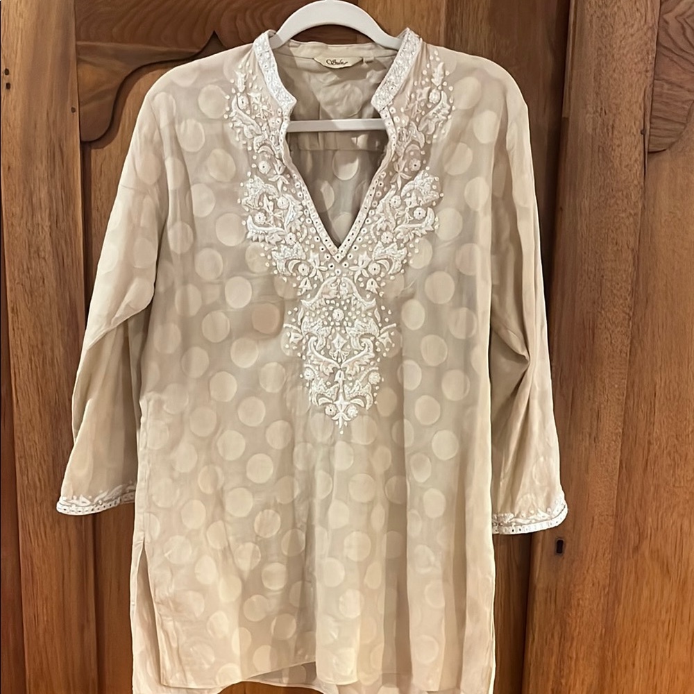 Good used condition lightweight cream on beige tunic.Gorgeous embroidery beading